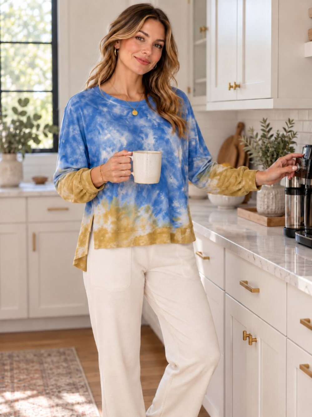 DANTELLE Sweater Tunic HiLo Moon Shadow Blue, White & Gold Tie Dye NWT M